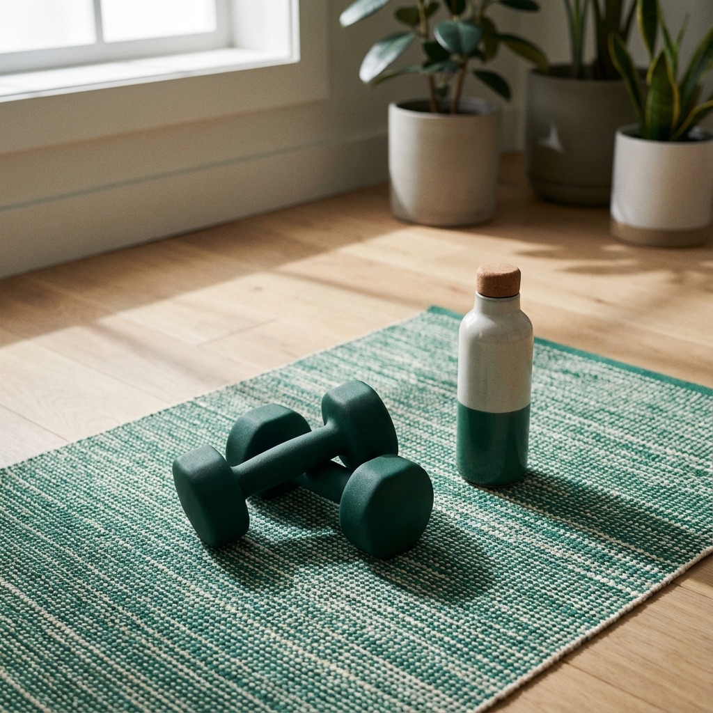 Fitness dumbbells and water bottle on a yoga mat
